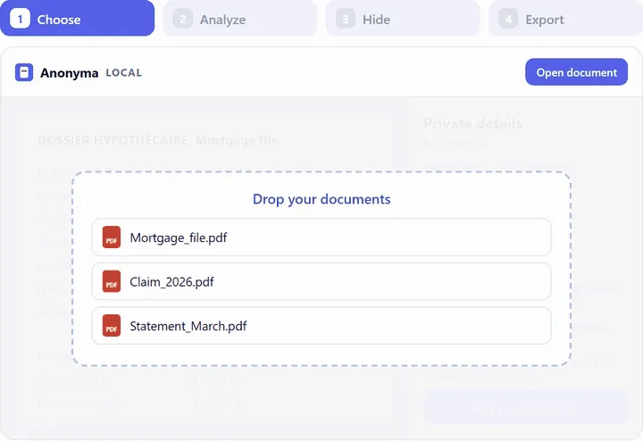 Anonyma: drop zone with three fictitious PDF documents
