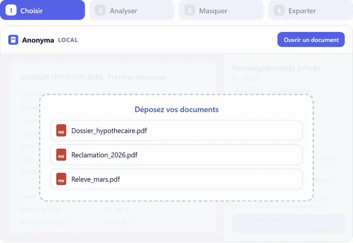 Anonyma : zone de dépôt avec trois documents PDF fictifs