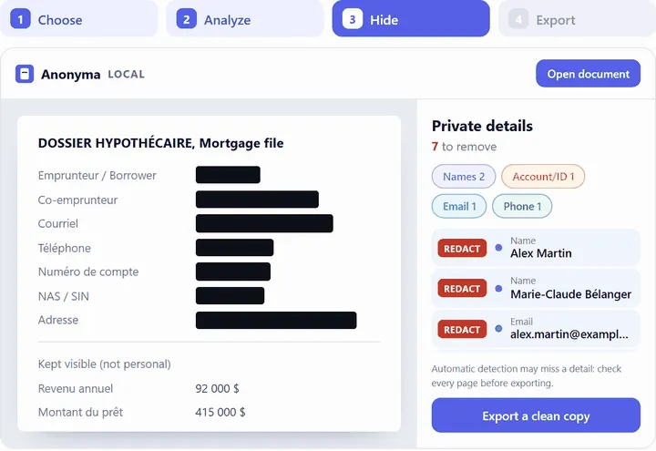 Anonyma: seven details hidden in a fictitious mortgage file, with the list of items to remove