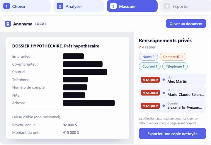 Anonyma : sept renseignements masqués dans un dossier hypothécaire fictif, avec la liste des éléments à retirer